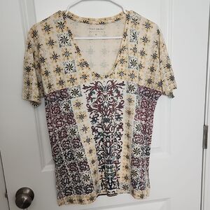 Lucky Brand Women's Short Sleeve Top - Cream, Brown, Red, Blue Pattern